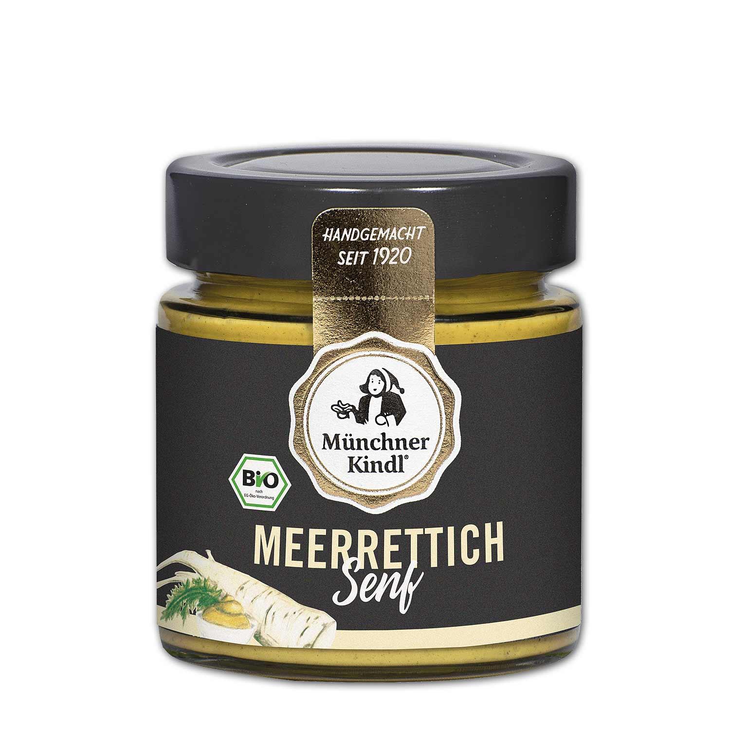 Ein Glas Münchner Kindl Meerrettich Senf, handgemacht, Bio-zertifiziert, auf weißem Hintergrund.