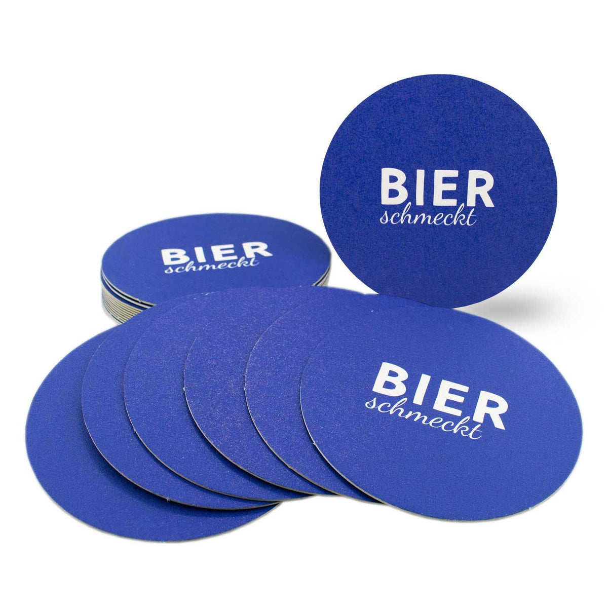 Blau-weiße Bierfuizl Bier schmeckt Untersetzer gestapelt, ideal für Restaurants und Bars