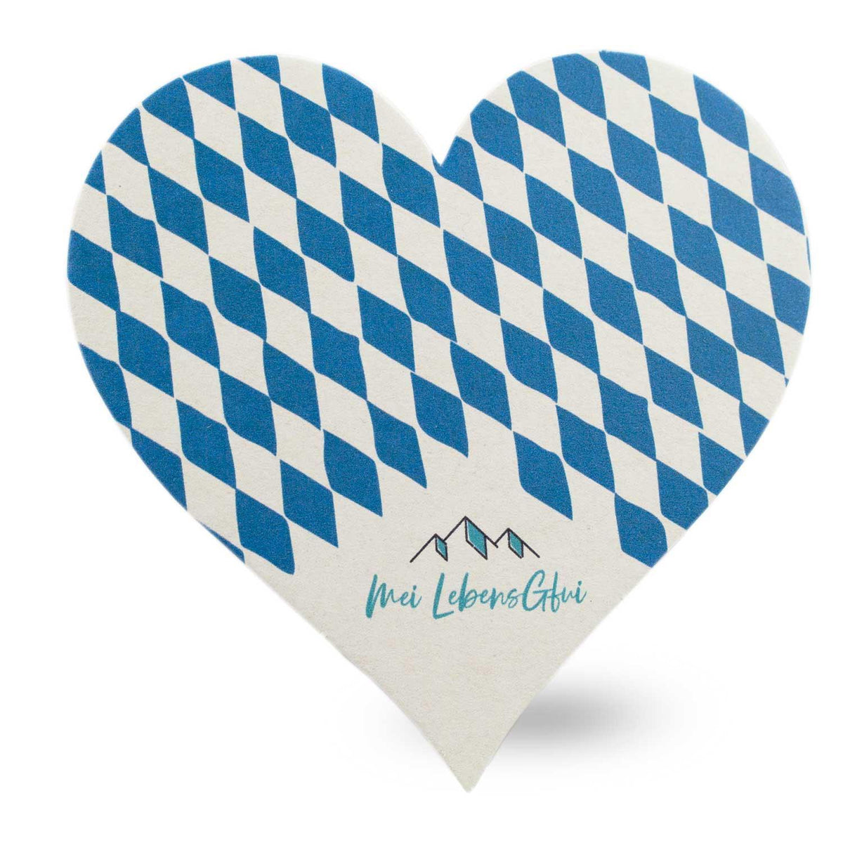 Bierfuizl-Herz mit blau-weißem Rautenmuster und "Mei LebensGfui" Aufschrift, Berge-Icon