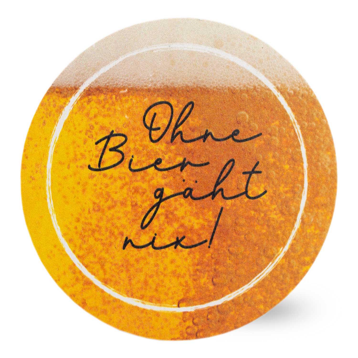 Bierfuizl Ohne Bier gäht nix!, runder Bierdeckel mit Bier-Motiv und Schriftzug, oberer Teil als Bierschaum