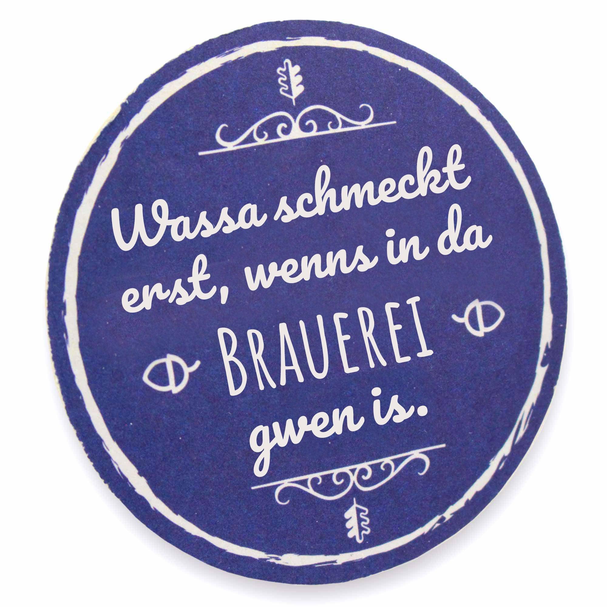 Runder Bierdeckel aus Karton mit bayerischem Schriftzug „Wasser in d’Brauerei“, beidseitig bedruckt, 20 Stück, Ø 107 mm.