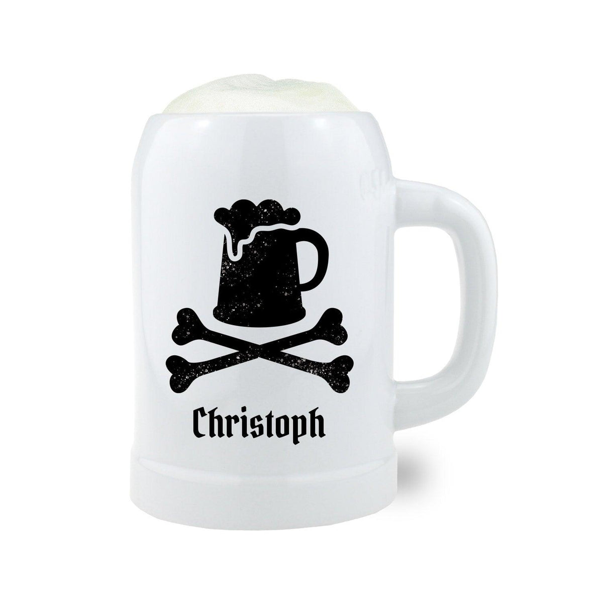 Weißer Bierkrug "Bieraten" mit Totenkopf-Motiv und gekreuzten Knochen, darunter der Wunschtext Christoph