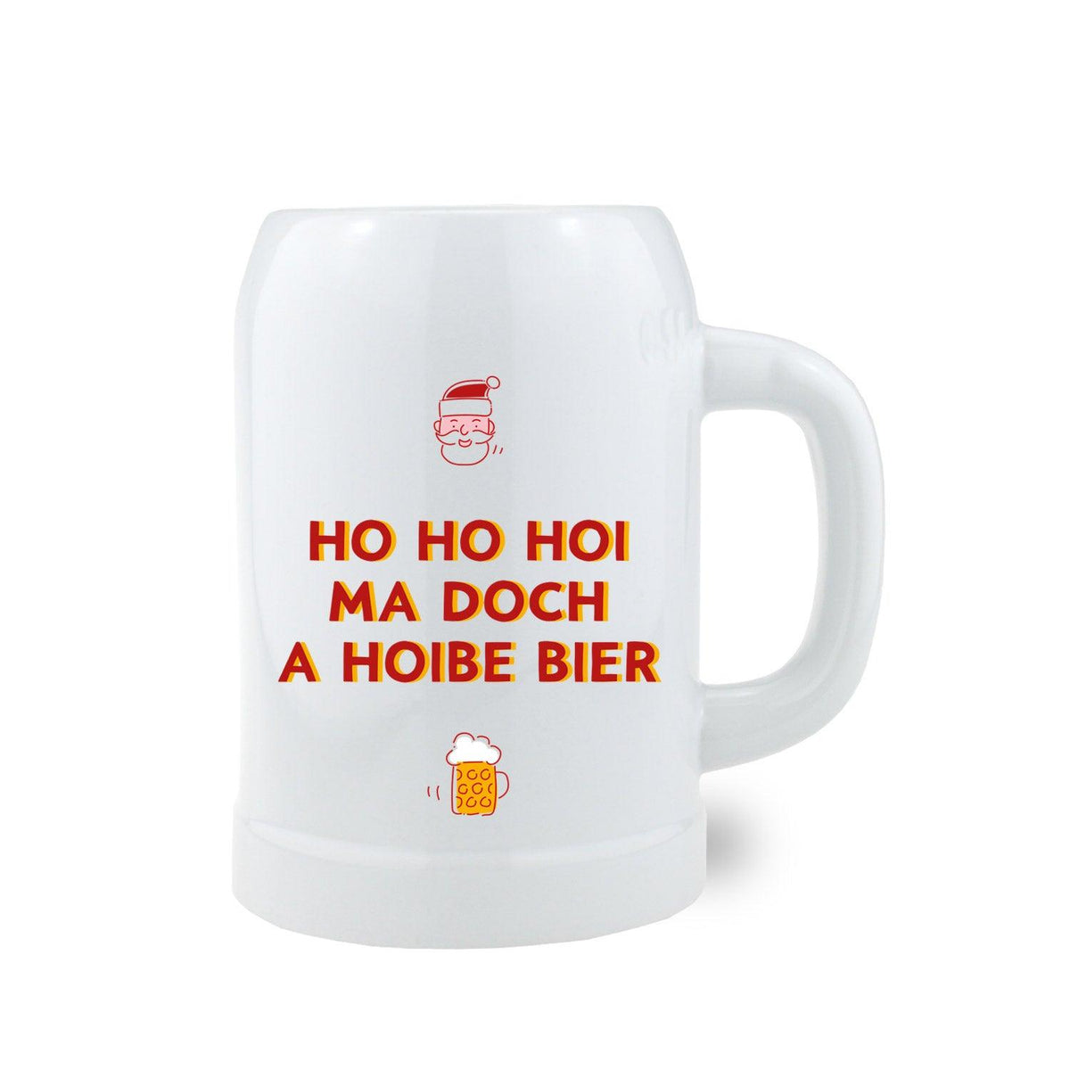 Weißer Bierkrug Ho ho hoi ma no a Hoibe mit rotem Weihnachtsmann und Bier-Symbol, Henkel und Spruch.