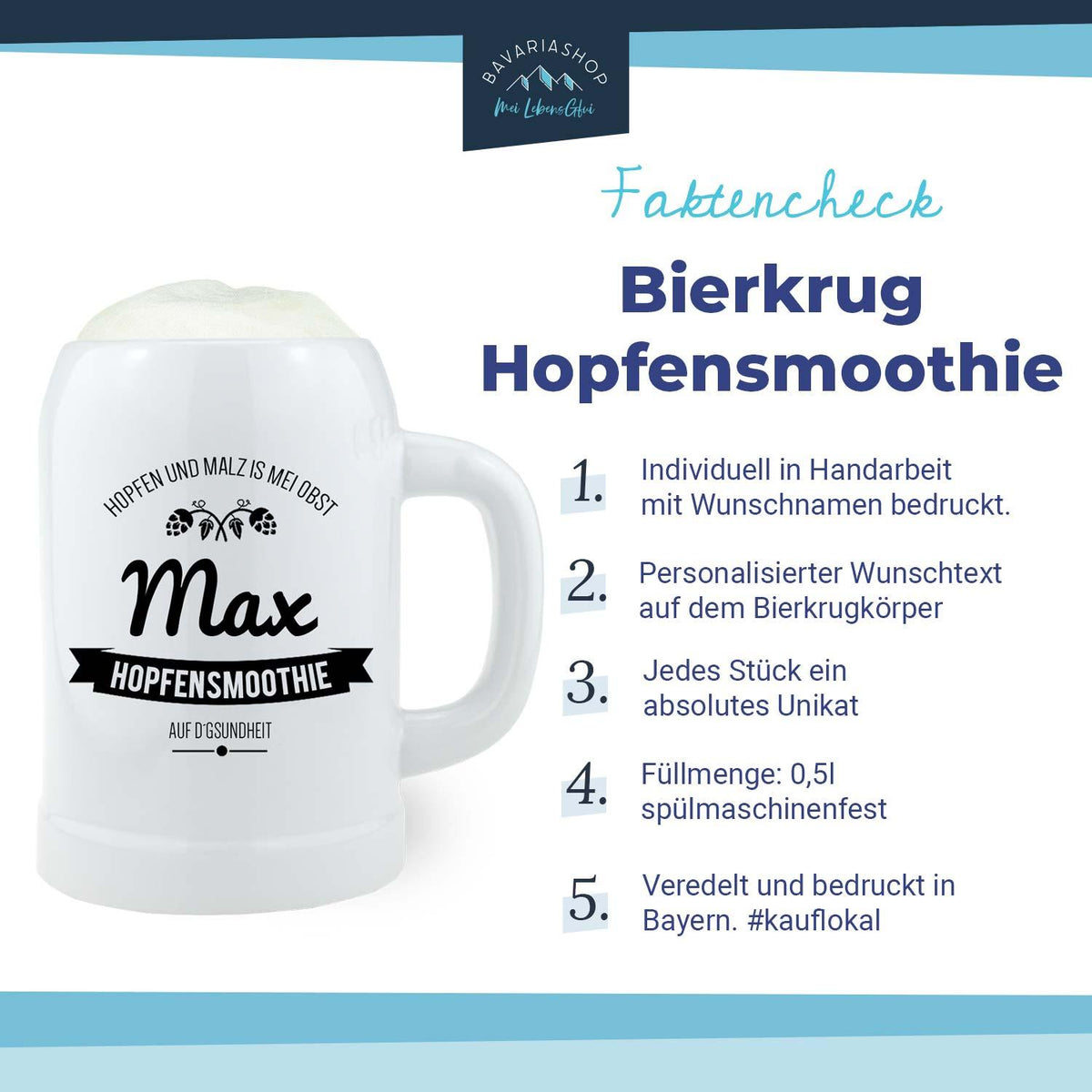 Weißer Bierkrug mit personalisiertem Namen Max und Spruch "Hopfensmoothie" auf d'Gsundheit.