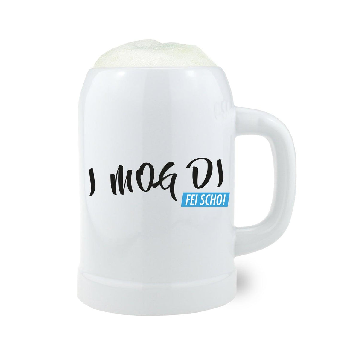 Bierkrug I mog di fei scho mit spritziger Schaumkrone, weißem Design und schwarzem Schriftzug