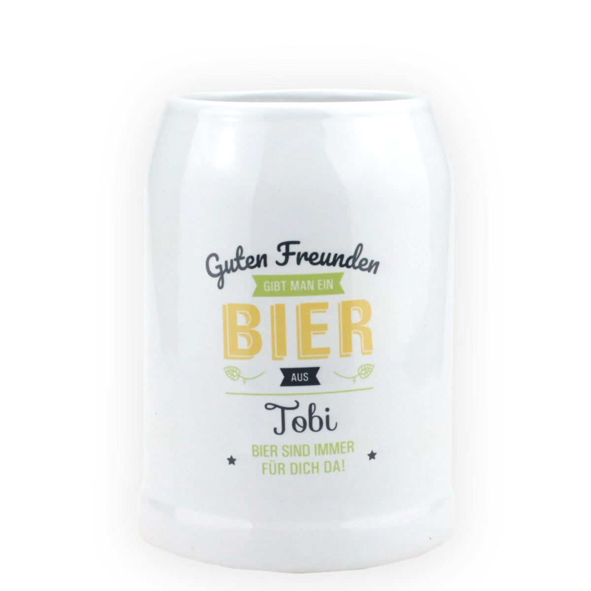 Weißer Keramik-Bierkrug mit lustigem Spruch und personalisiertem Namen Tobi, ideal als Geschenk.