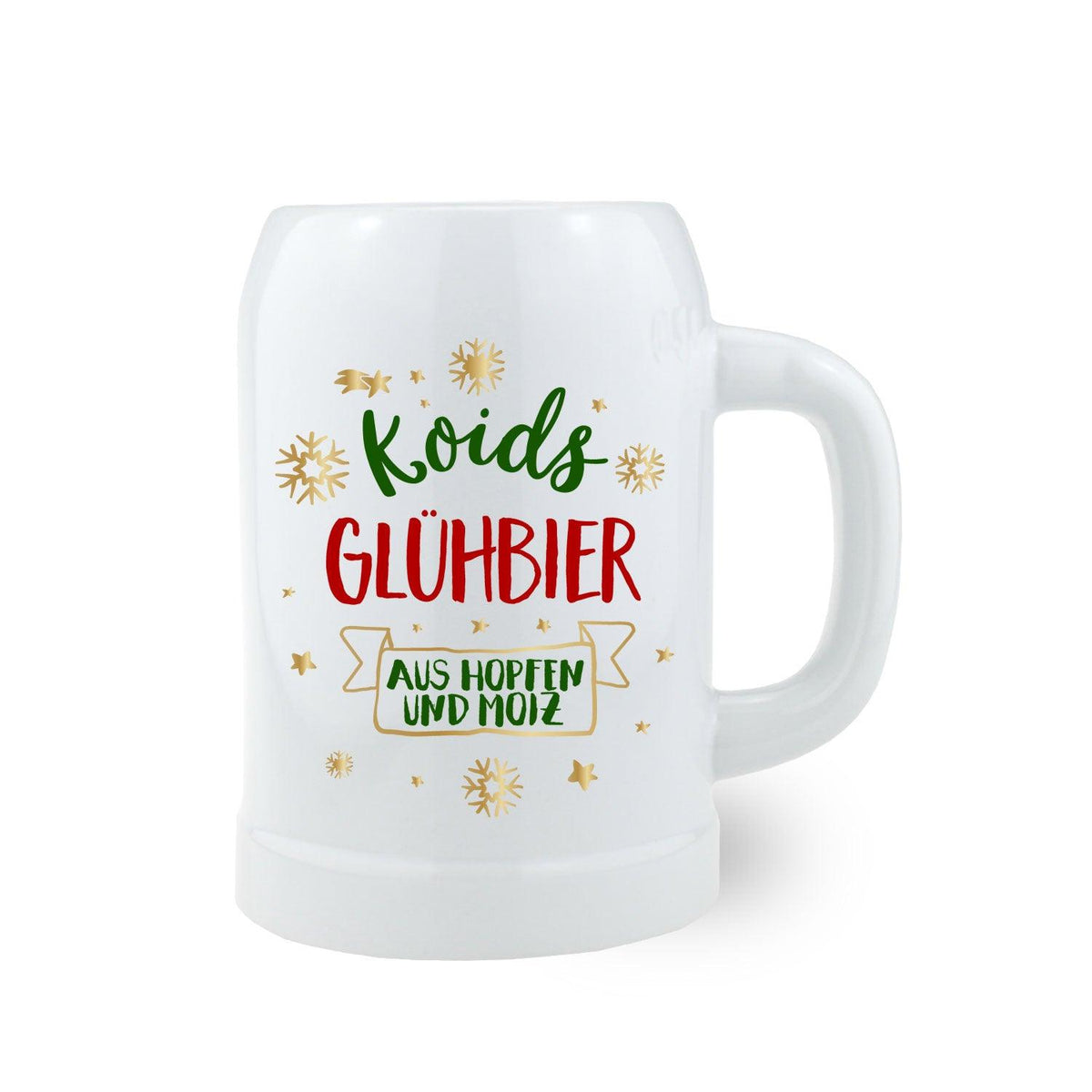 Weißer Bierkrug Koids Glühbier mit bunter Aufschrift Aus Hopfen und Moiz und goldenen Schneeflocken