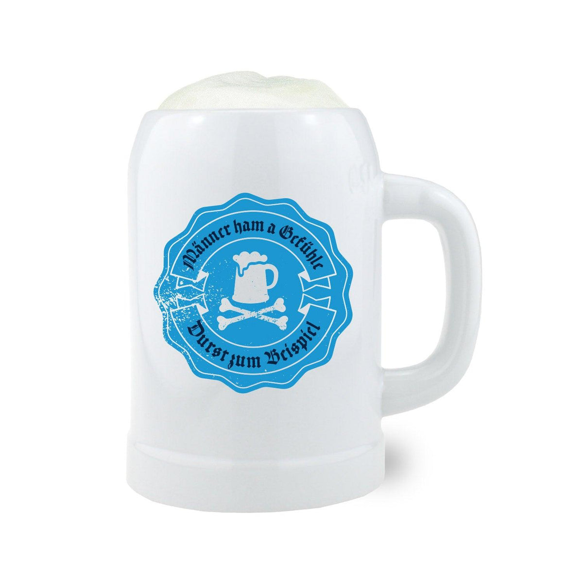 Weißer Bierkrug mit Henkel, schwarzem Schriftzug „Männer ham a Gefühle“ und leicht bauchiger Form, Keramik, 0,5 Liter.