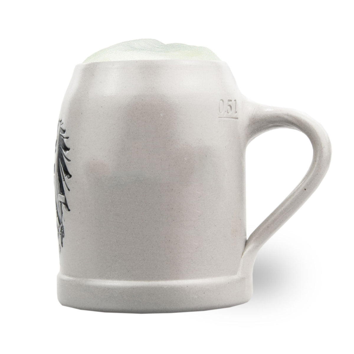 Grauer PREMIUM Bierkrug "Austria" aus Keramik mit Henkel und schwarzem Adler-Relief.