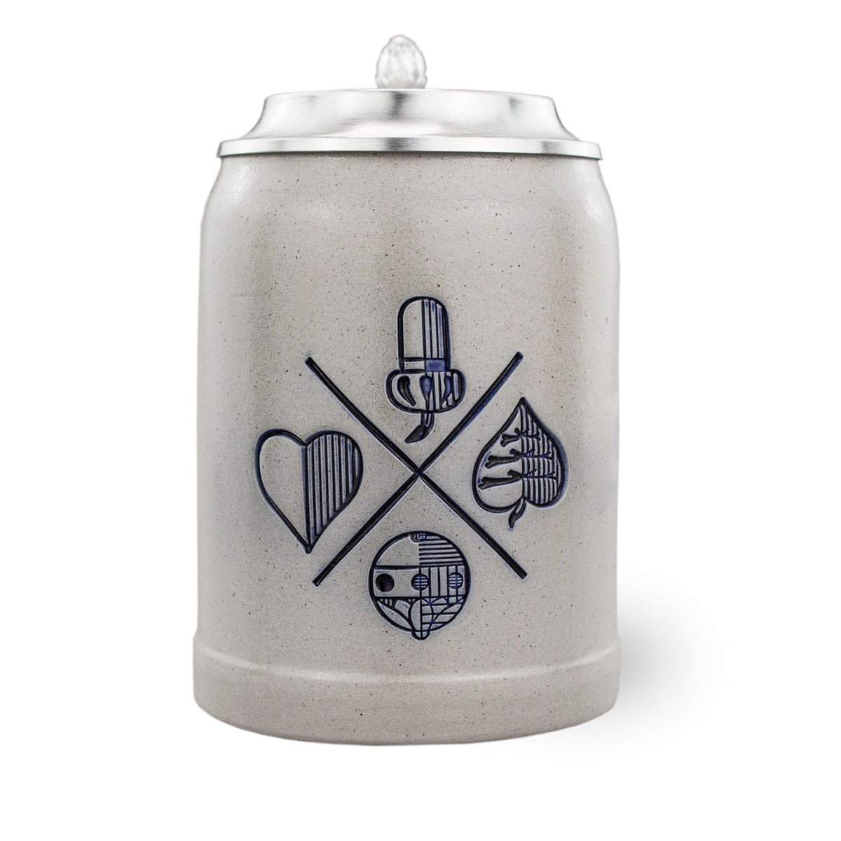 PREMIUM Bierkrug Schafkopfen aus Keramik, Zinndeckel, mit blauem Herz, Laub, Eichel und Schellen Symbolen.