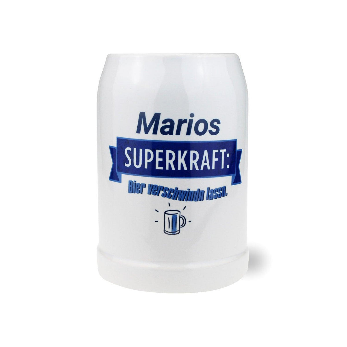 Personalisierter Bierkrug aus Glas mit graviertem "Superkraft"-Schriftzug und individuellem Wunschnamen; 0,5 Liter.