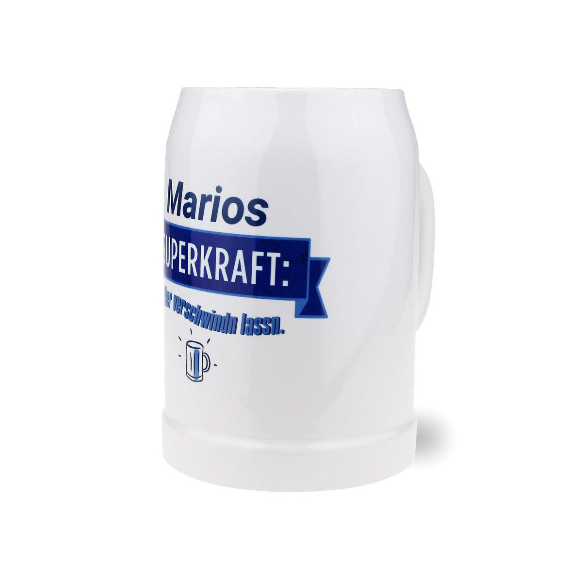 Halbliter-Bierkrug aus Glas mit Gravur "Meine Superkraft?" in Weiß und individualisierbarem Wunschnamen.