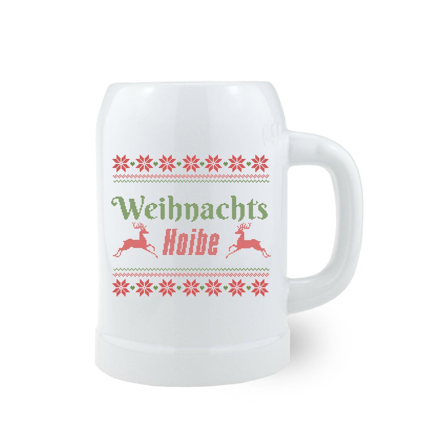 Weißer Bierkrug Weihnachts Hoibe mit rotem Sternchen- und Rentier-Motiv sowie grünem Schriftzug