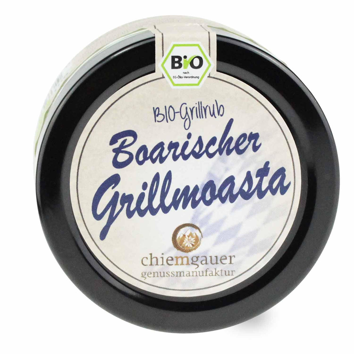 Bio-Grillrub mit grobem Steinsalz, Kräutern und Gewürzen, braun-grüne Mischung in loser Form, 80 g.