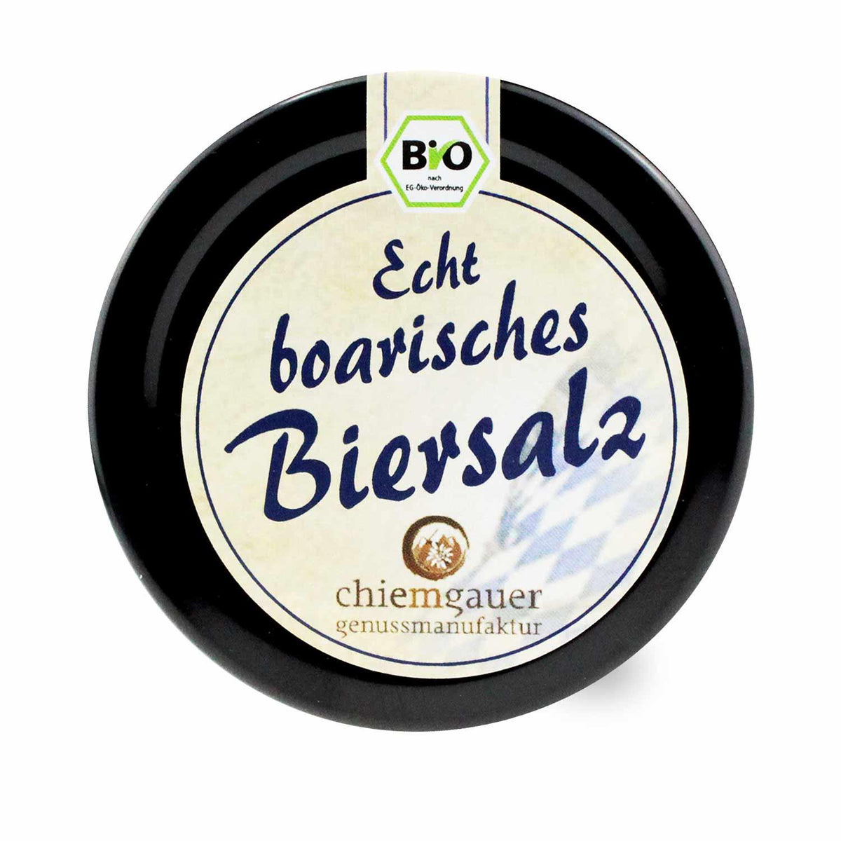 Grobes, beiges Bio-Steinsalz mit sichtbaren Kräutern und Zugabe von Hefeweißbier, Inhalt: 140 g.