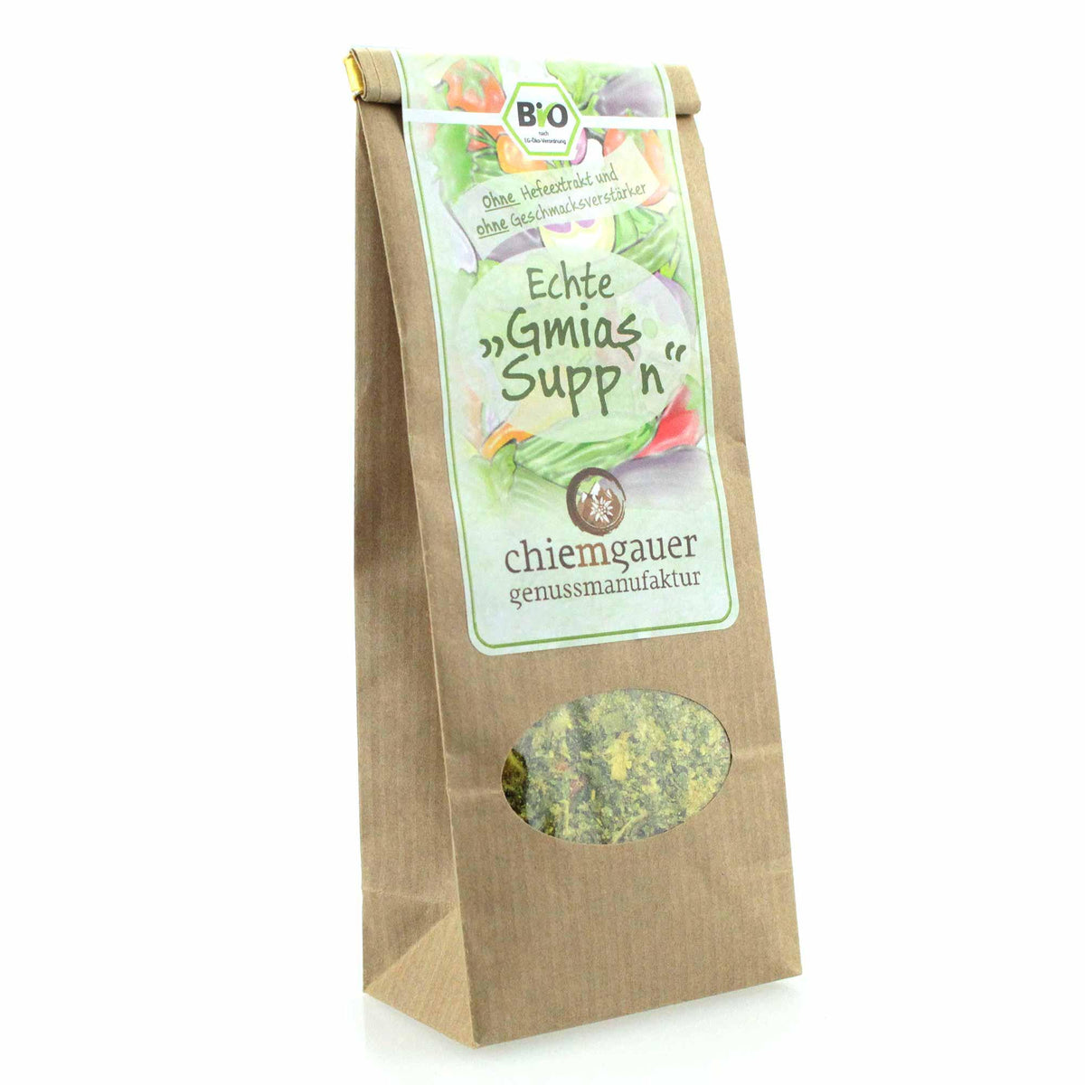Braune Papiertüte mit Bio Gemüsebrühe, ohne Hefeextrakt und Geschmacksverstärker, Chiemgauer Genussmanufaktur.