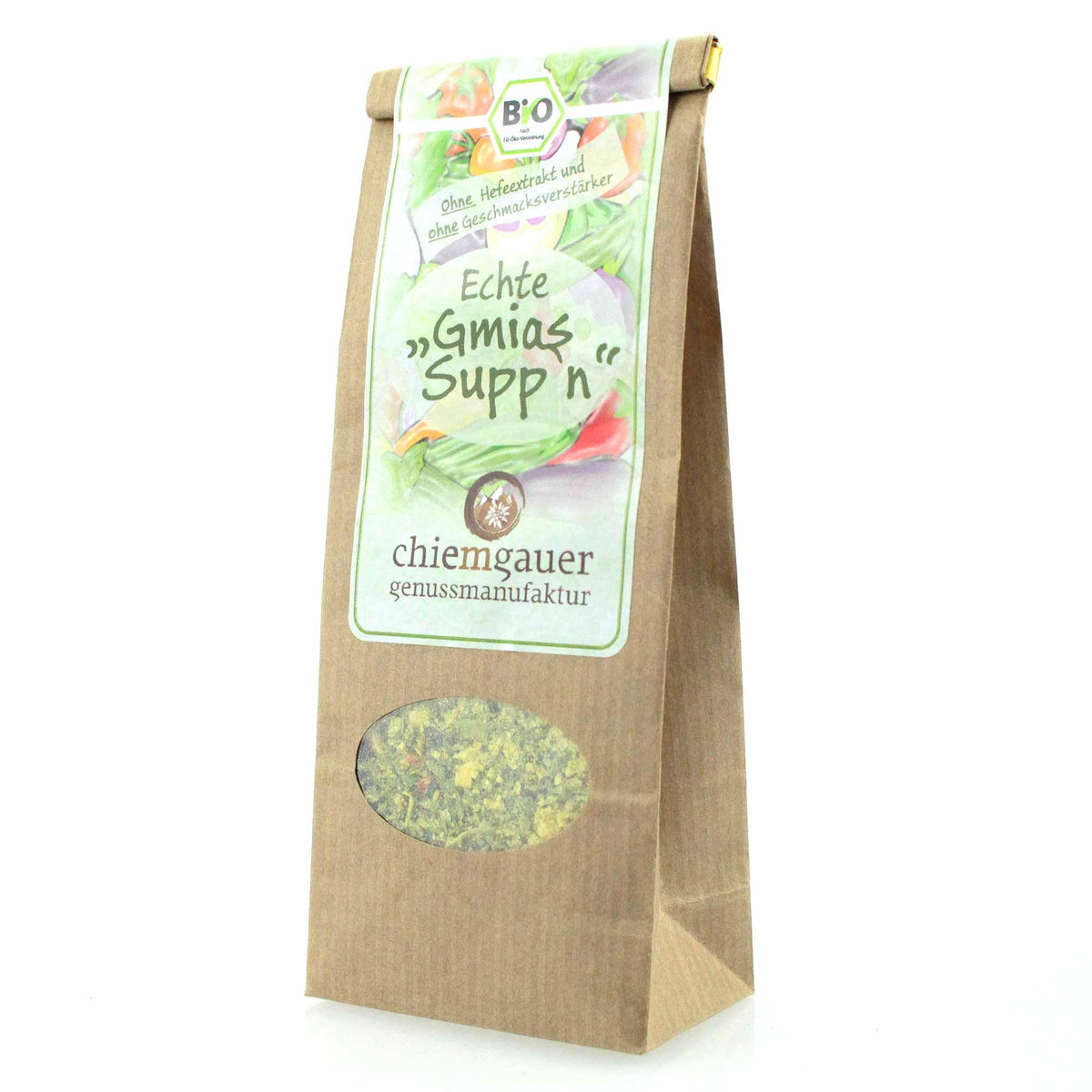 Braune Papiertüte mit Bio Gemüsebrühe ohne Hefeextrakt und Geschmacksverstärker, Chiemgauer Genussmanufaktur.