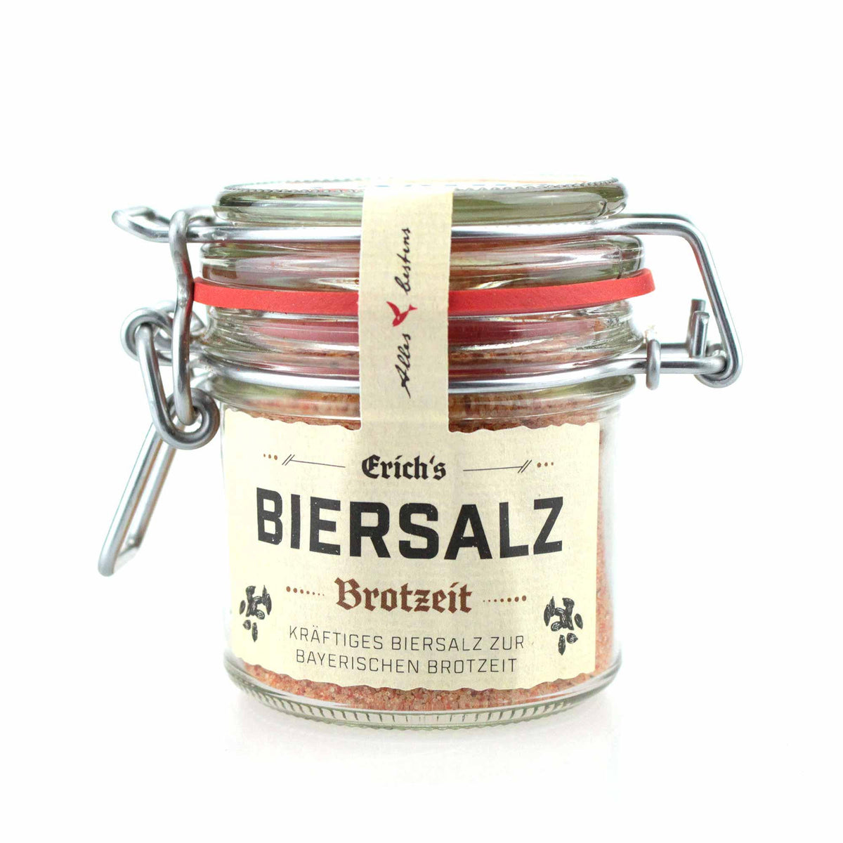 Biersalz Erichs Brotbrotzeit in einem Glas mit Bügelverschluss, ideal für bayerische Brotzeiten.
