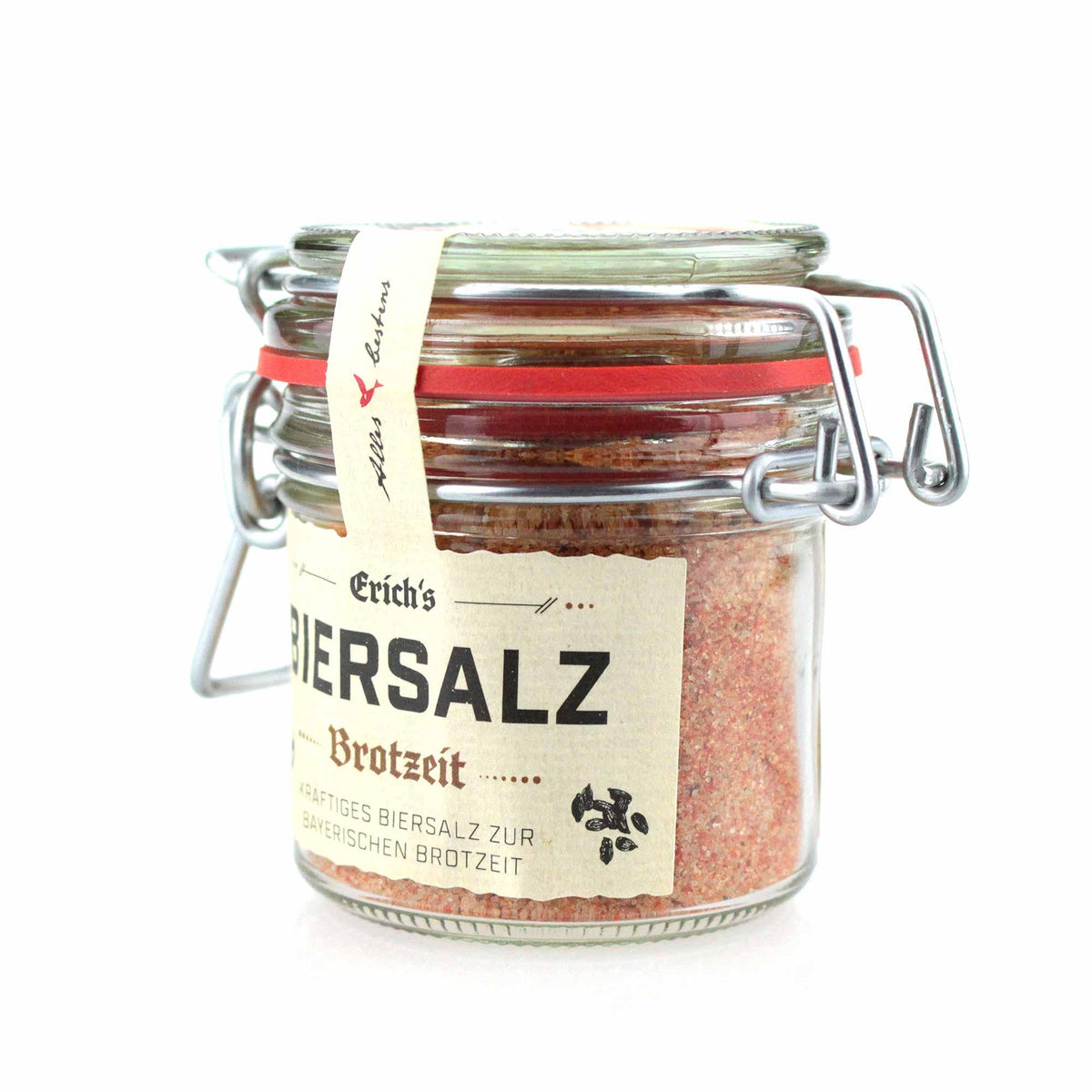 Erich's Brotzeitsalz im Glas mit Bügelverschluss, optimal für bayerische Brotzeiten und Snacks.