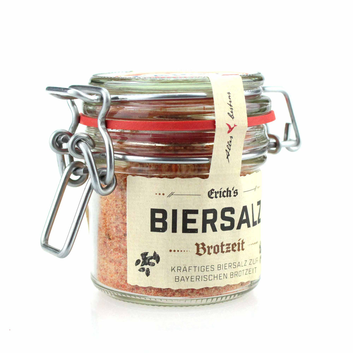 Kleines Bügelglas mit "Erich's Biersalz Brotzeit", einem kräftigen Biersalz für bayerische Brotzeiten.