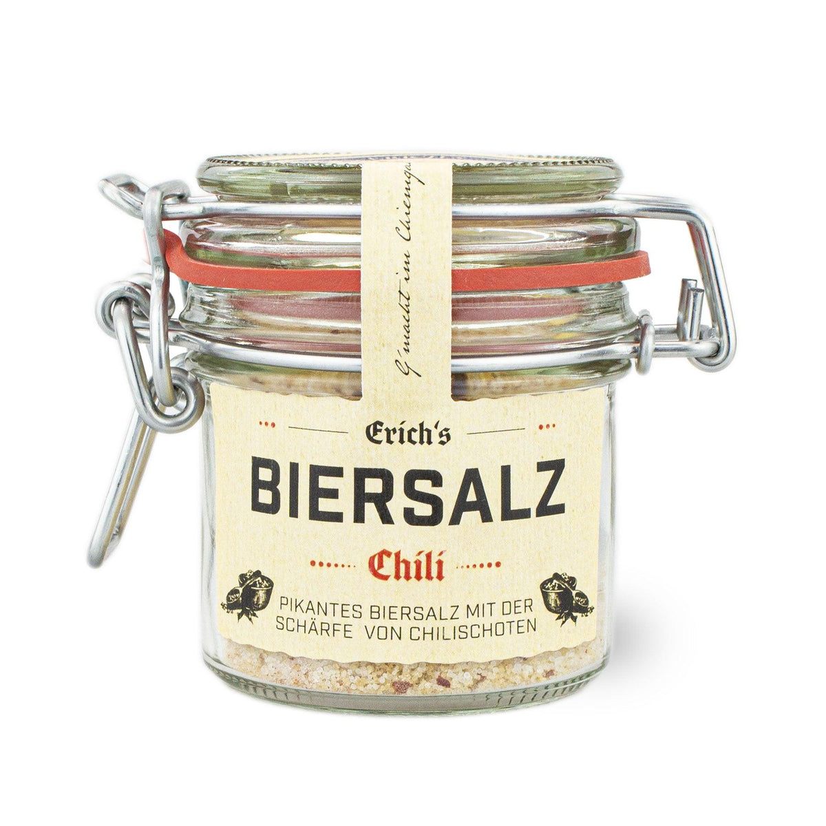Boarisches Biersalz Chili im Glas mit Bügelverschluss, pikante Gewürzmischung mit Chilischoten, handgemacht.
