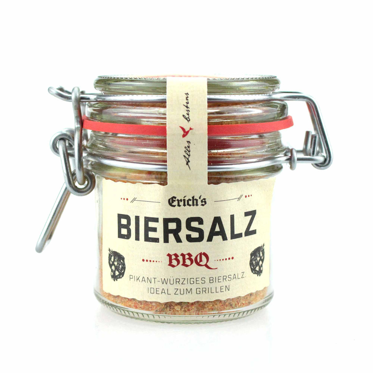 Einmachglas mit "Erich's Biersalz BBQ" Etikett und rotem Gummiring, pikant-würzig, ideal zum Grillen.