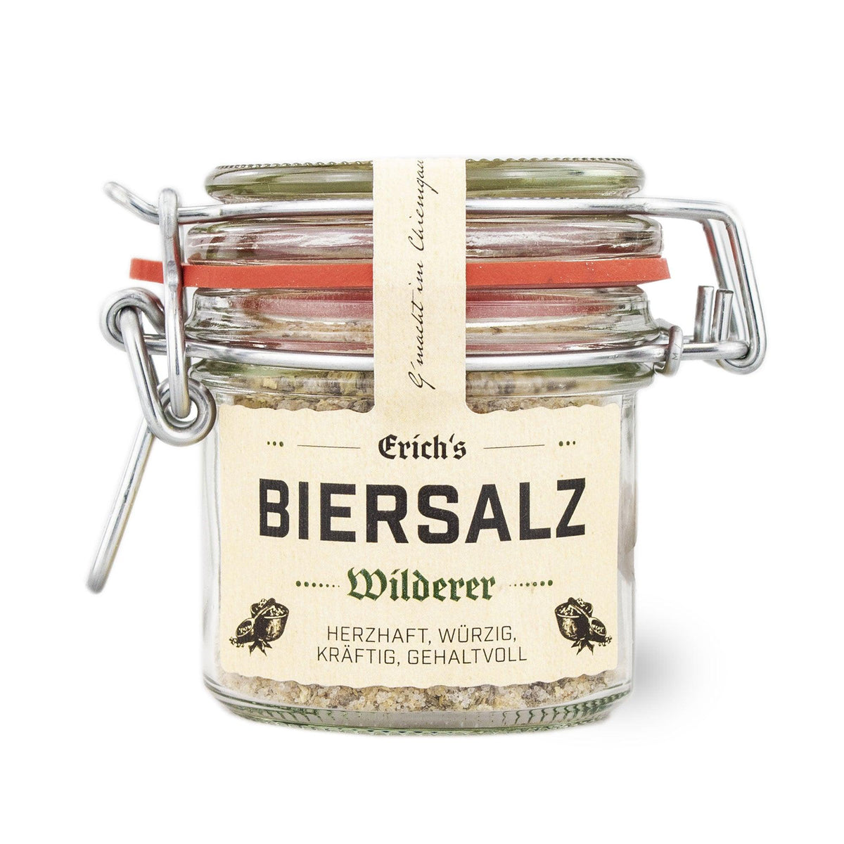 Boarisches Biersalz Wilderer im Glas mit Bügelverschluss, herzhaft, würzig und gehaltvoll.
