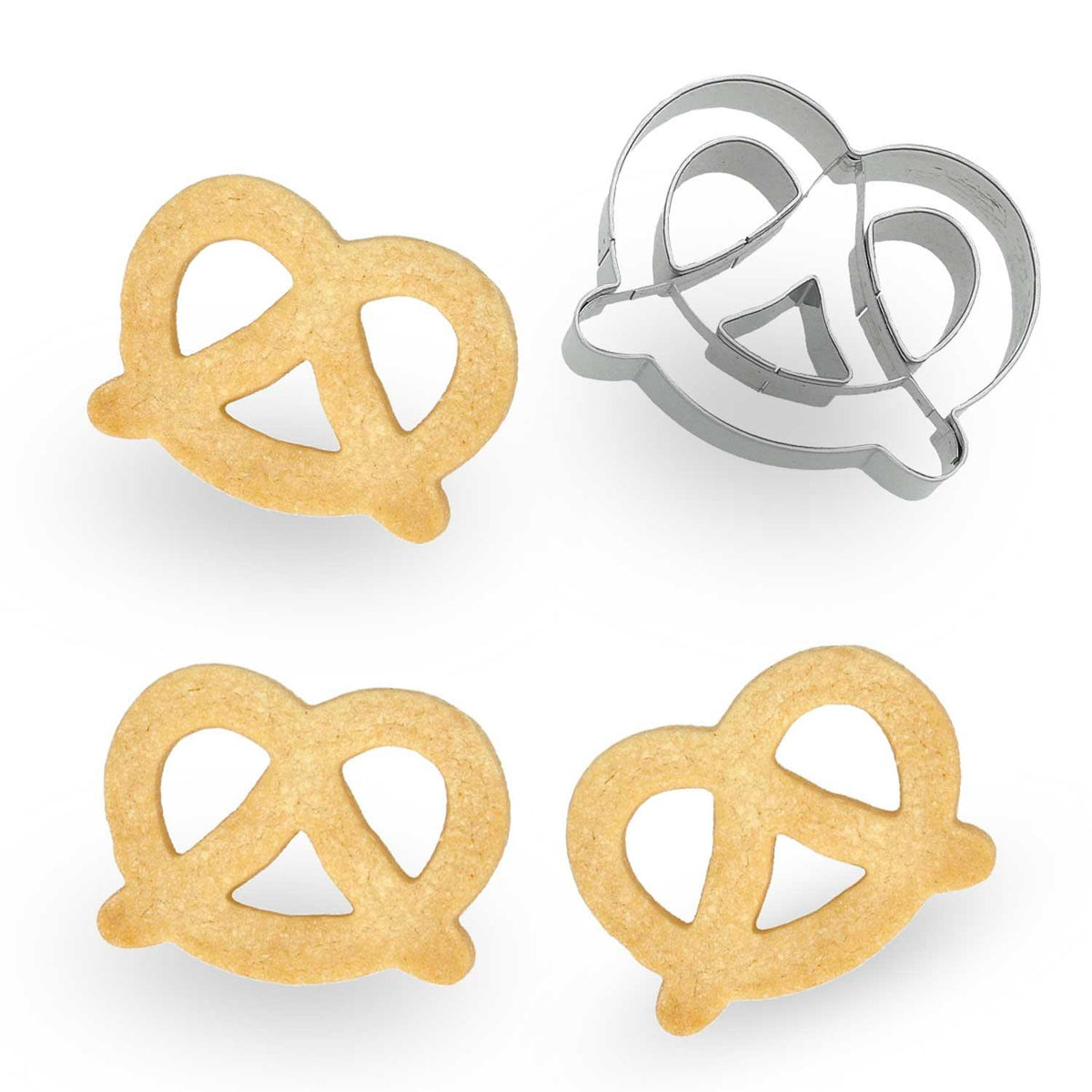 Metall-Brezel-Ausstecher mit drei gebackenen, hellbraunen Plätzchen in Brezelform