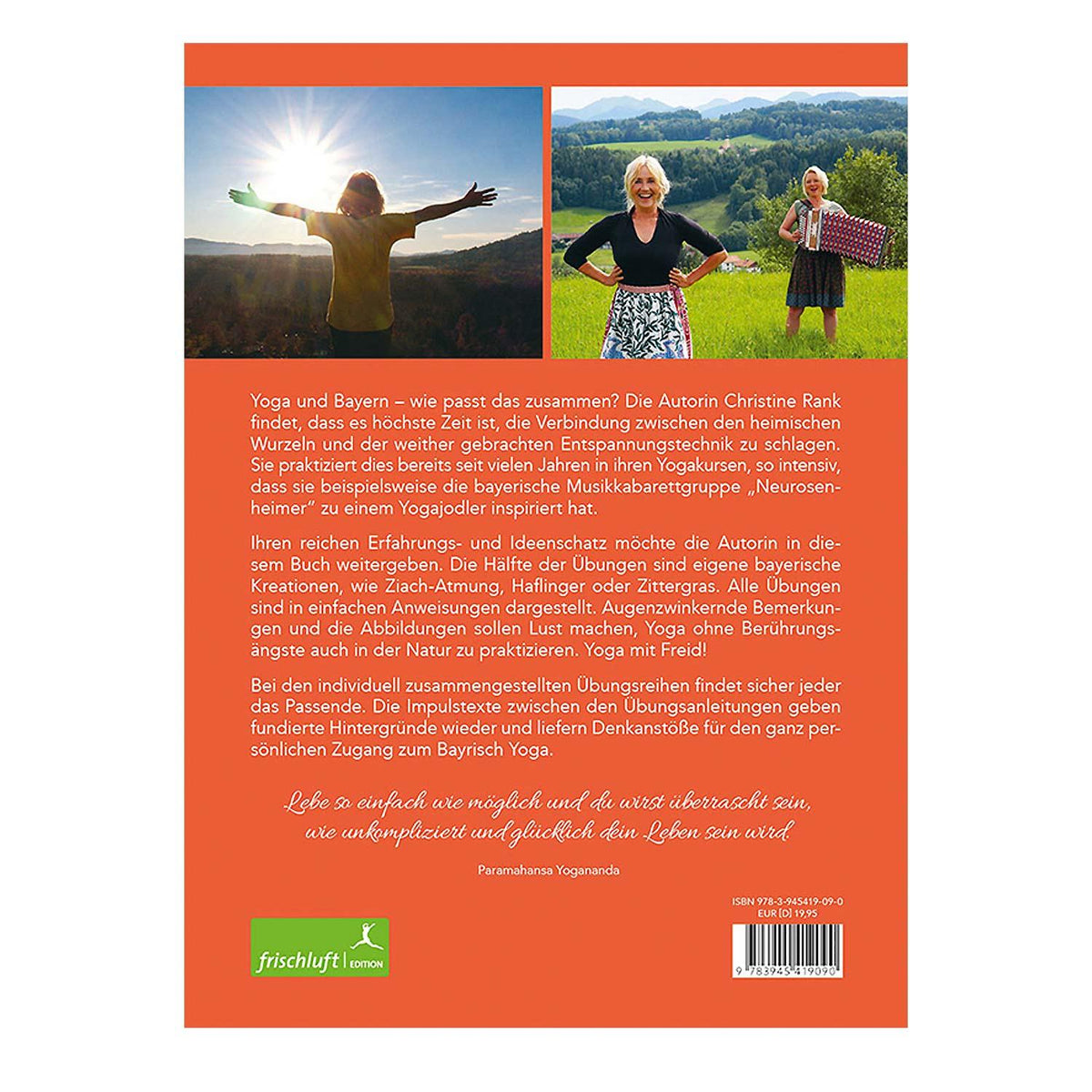 Buch: Bayrisch Yoga mit Freid, zeigt lächelnde Frauen beim Yoga in bayerischer Landschaft, eine mit Akkordeon.