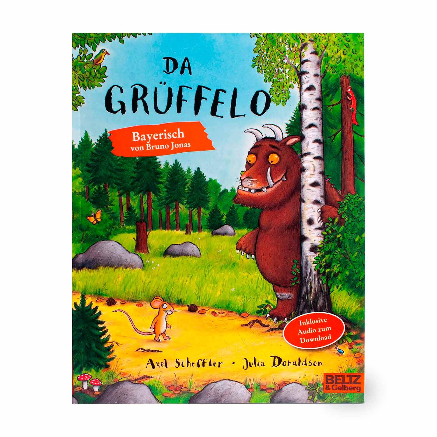 Kinderbuch "Da Grüffelo auf boarisch" Cover mit Maus und Grüffelo im Wald, inklusive Audio-Download.
