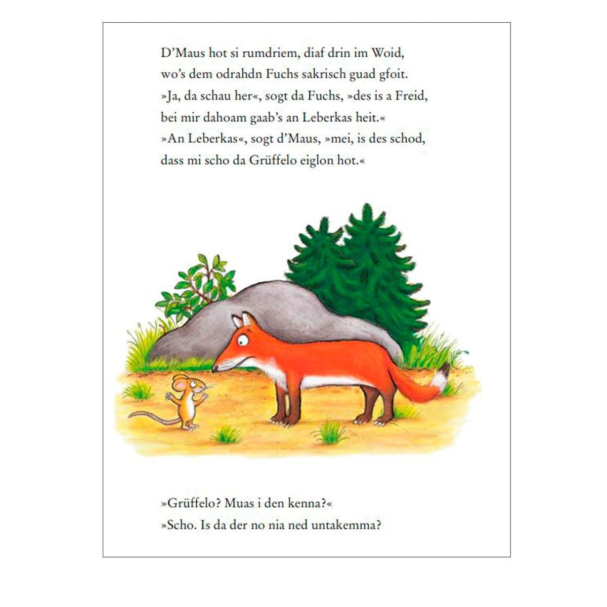 Buch "Da Grüffelo" auf boarisch: illustrierte Szene mit Maus und Fuchs im Wald, dazu bayrischer Text.