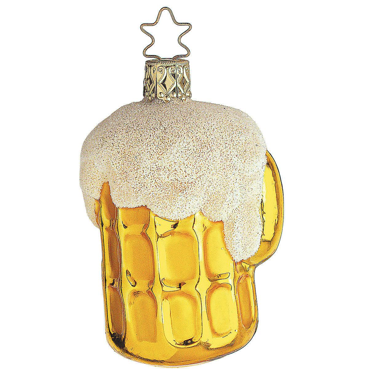 Christbaumschmuck Bierkrug aus Glas mit Henkel und Schaumoptik, goldglänzend mit glitzerndem Topping