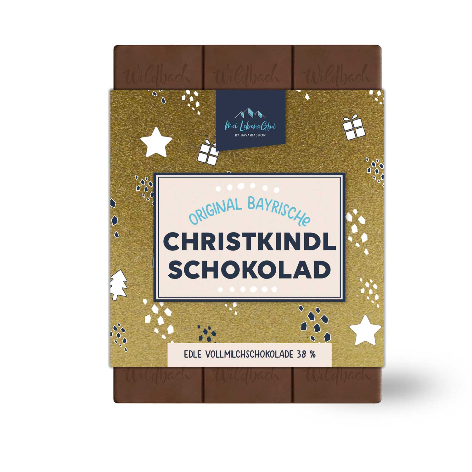 Christkindl Schokolad: Original bayerische Edle Vollmilchschokolade 38% in goldener Weihnachts-Verpackung.