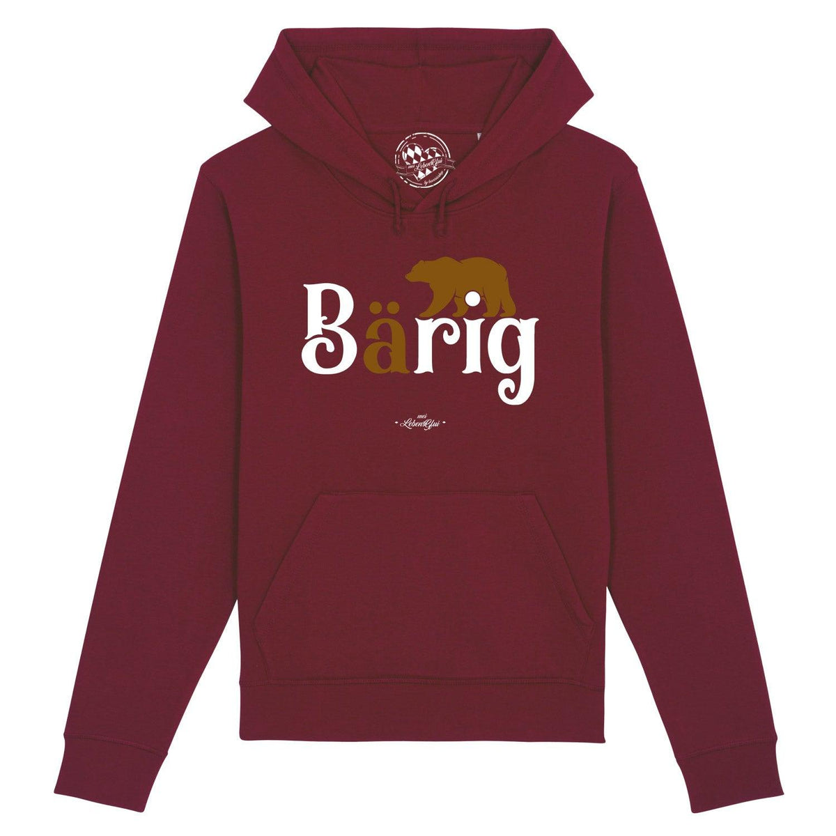 Damen Hoodie "Bärig" in Bordeauxrot mit weißem Schriftzug und braunem Bärenmotiv.
