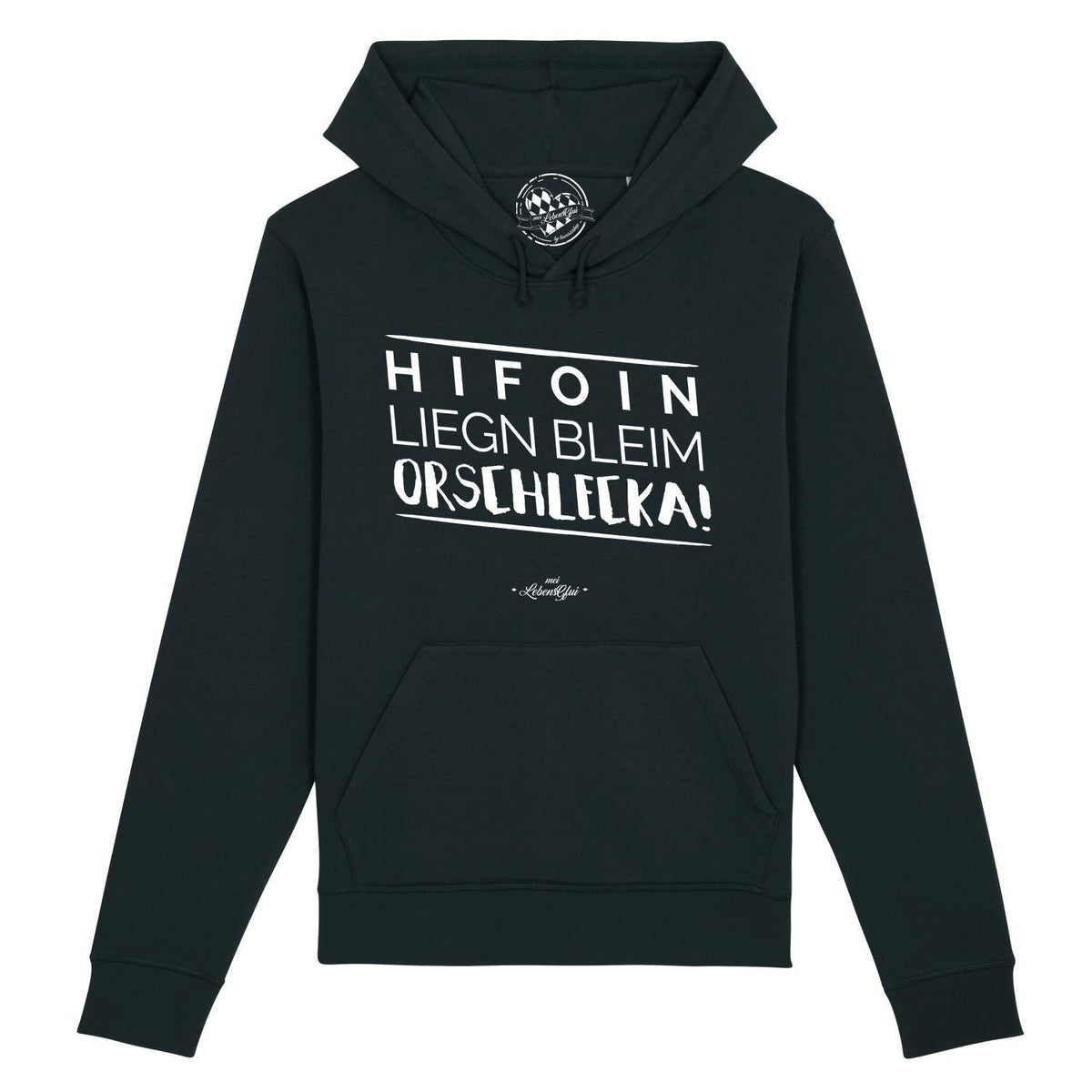 Dunkelblauer Damen Hoodie Hifoin liegn bleim... mit weißem Print und Kängurutasche.
