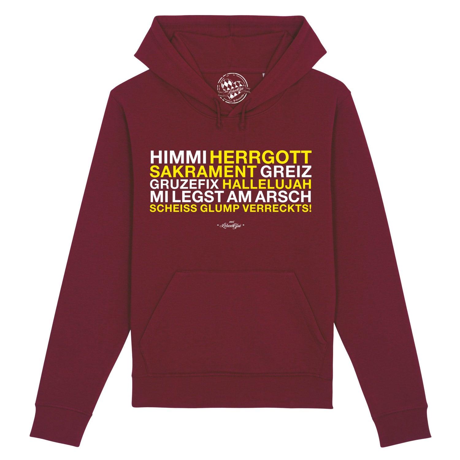 Damen Hoodie "Himmi Herrgott" in dunkelrot mit gelbem bayerischem Spruch auf der Brust und Kängurutasche.