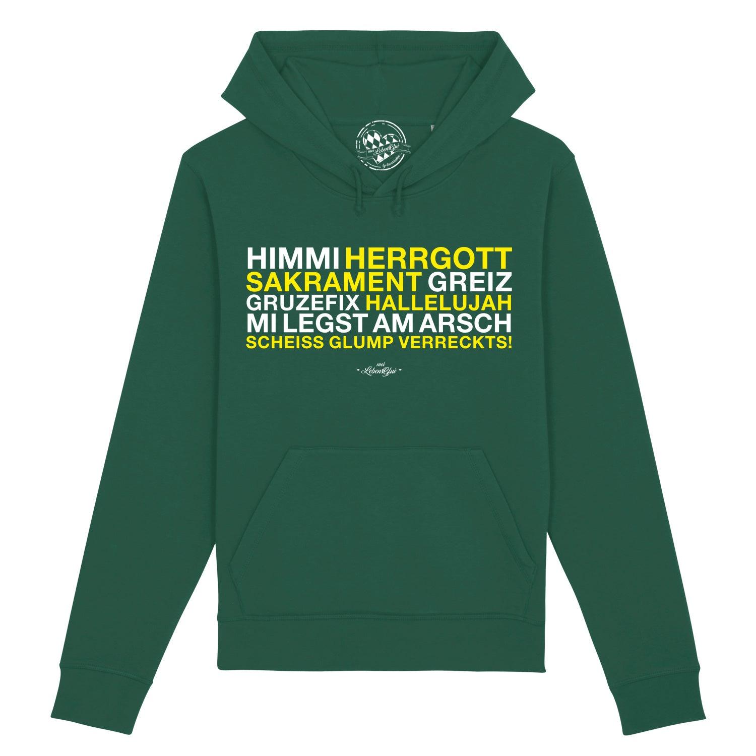 Grüner Damen Hoodie "Himmi Herrgott" mit weißem bayerischen Schimpfwort-Spruch auf der Brust.