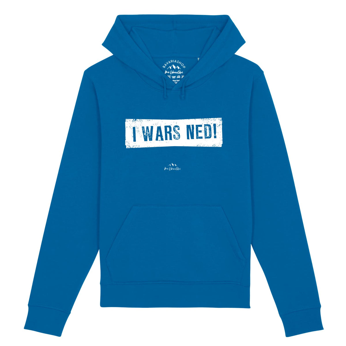 Blauer Damen Hoodie I wars ned mit weißem, bayerischem Spruch auf der Brust und Kapuze