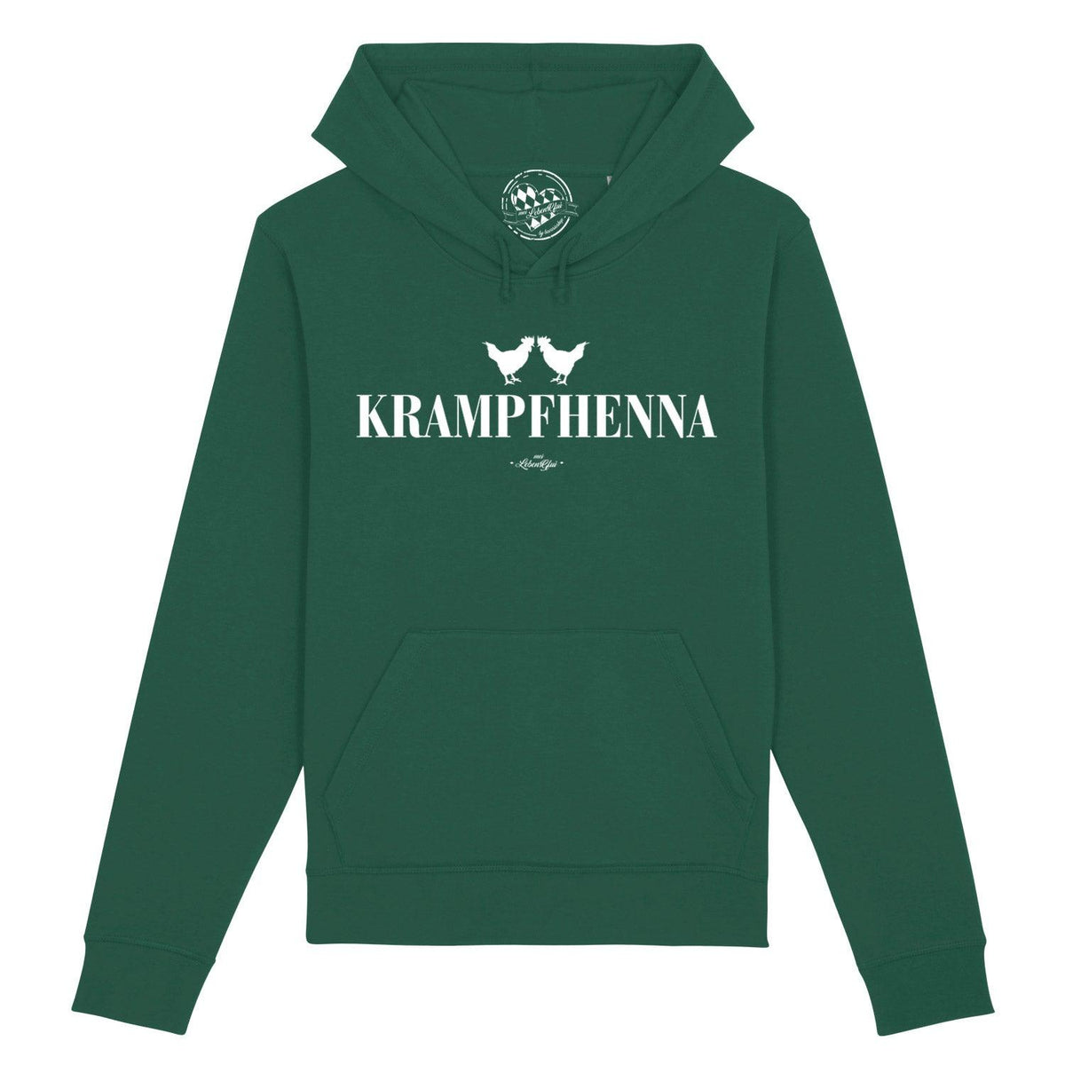 Grüner Damen Hoodie Krampfhenna mit weißem Hühnermotiv-Print und Kängurutasche auf der Vorderseite.