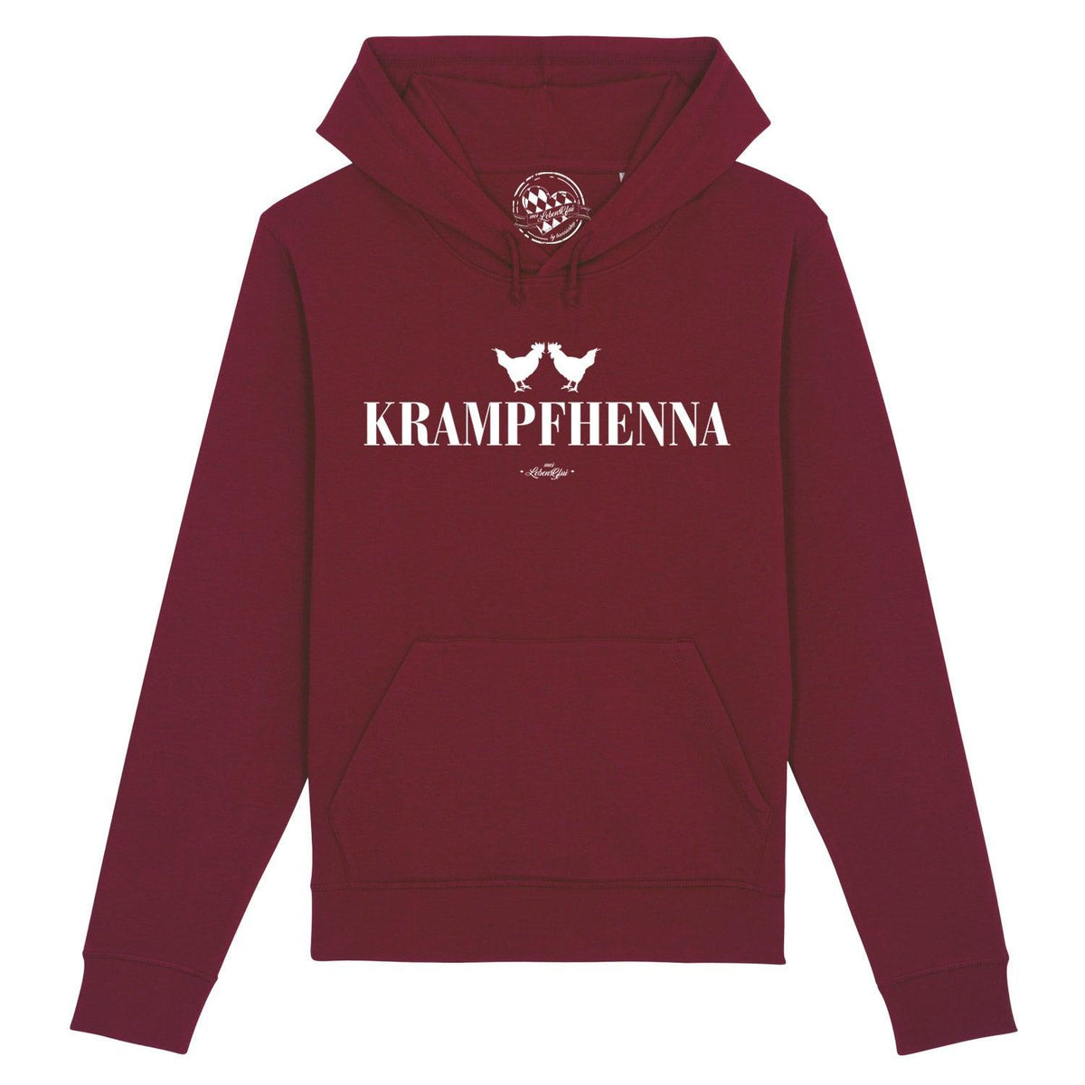 Bordeauxroter Damen Hoodie Krampfhenna mit weißem Hühner-Print und Schriftzug, Kapuze und Bauchtasche.