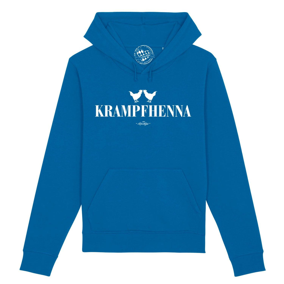 Blauer Damen Hoodie Krampfhenna mit weißem Hühner-Print und Schriftzug auf der Vorderseite, Bauchtasche und Kapuze.