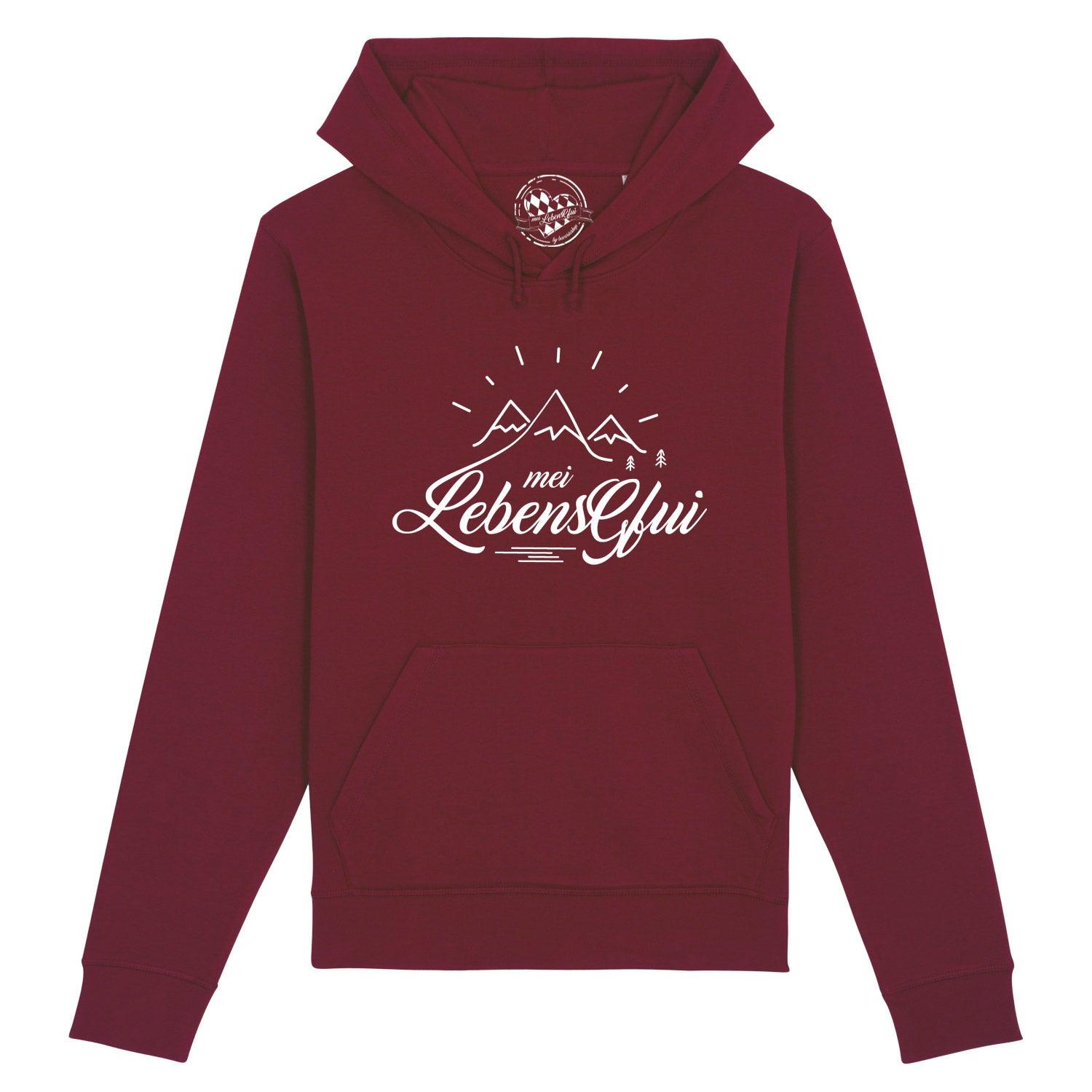 Damen Hoodie "Mei LebensGfui" in Bordeauxrot mit weißem Berg- und Schriftzugmotiv, Kängurutasche.