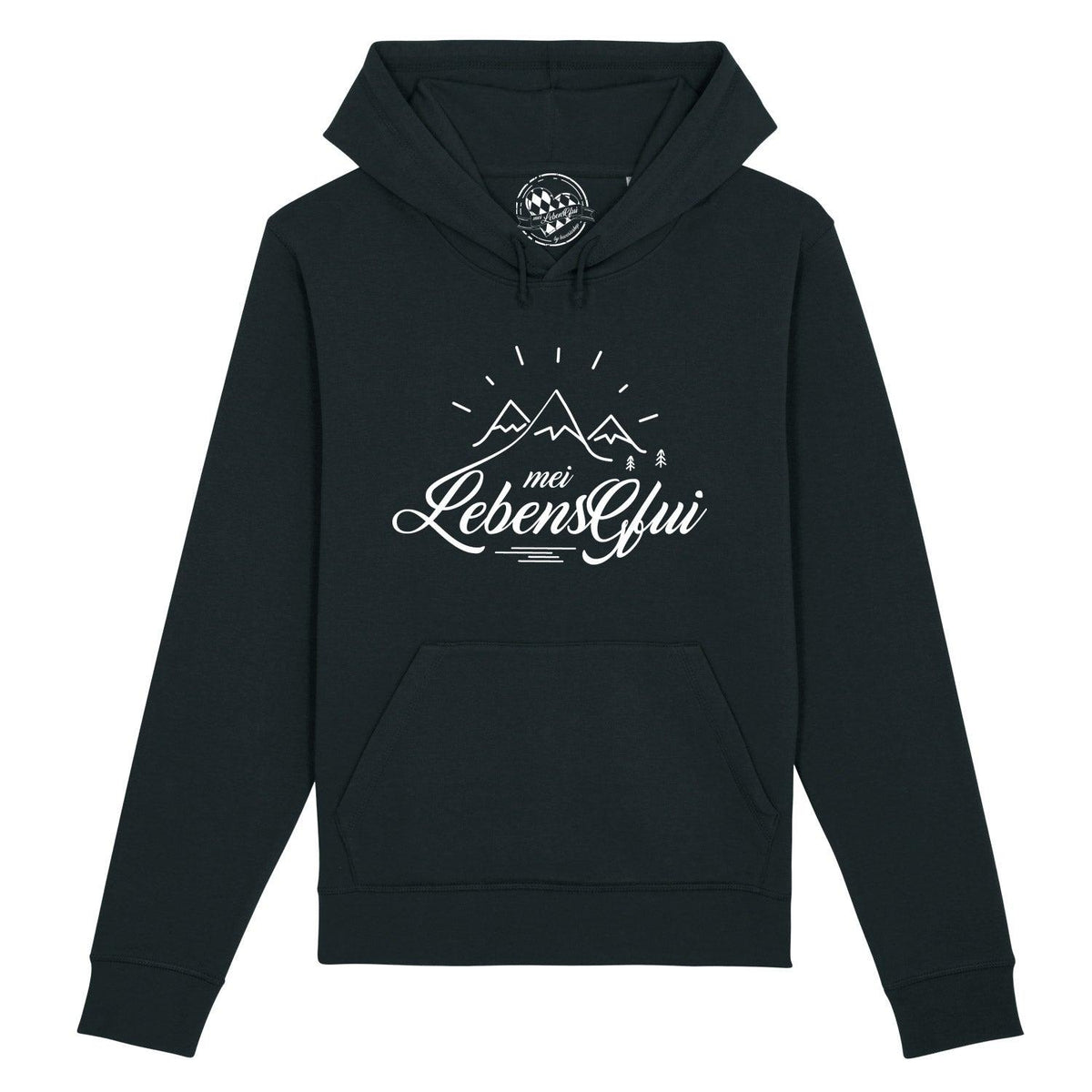 Schwarzer Damen Hoodie "Mei LebensGfui" mit weißem Alpen-Motiv, Schriftzug und Kängurutasche. Bequemer Kapuzenpullover.
