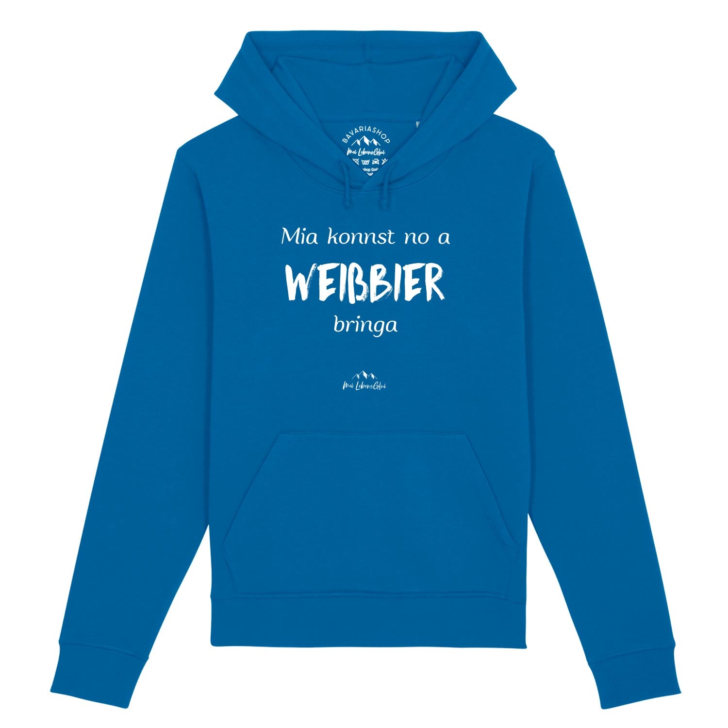 Blauer Damen Hoodie "Mia konnst no a Weißbier bringa" mit bayerischem Spruch, Kapuze und Bauchtasche.