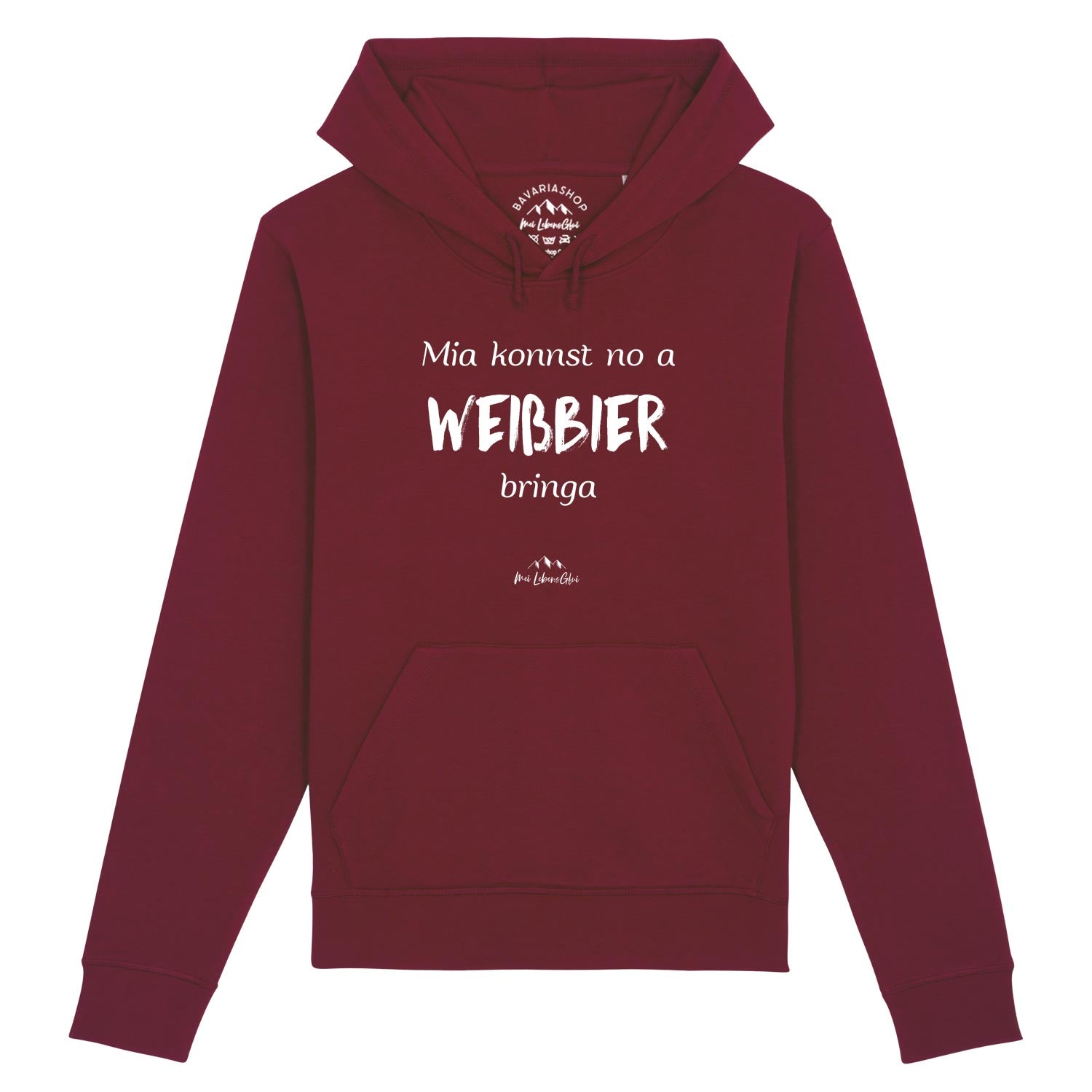 Damen Hoodie "Mia konnst no a Weißbier bringa" in Burgunderrot mit weißem bayerischen Spruch und Kapuze.