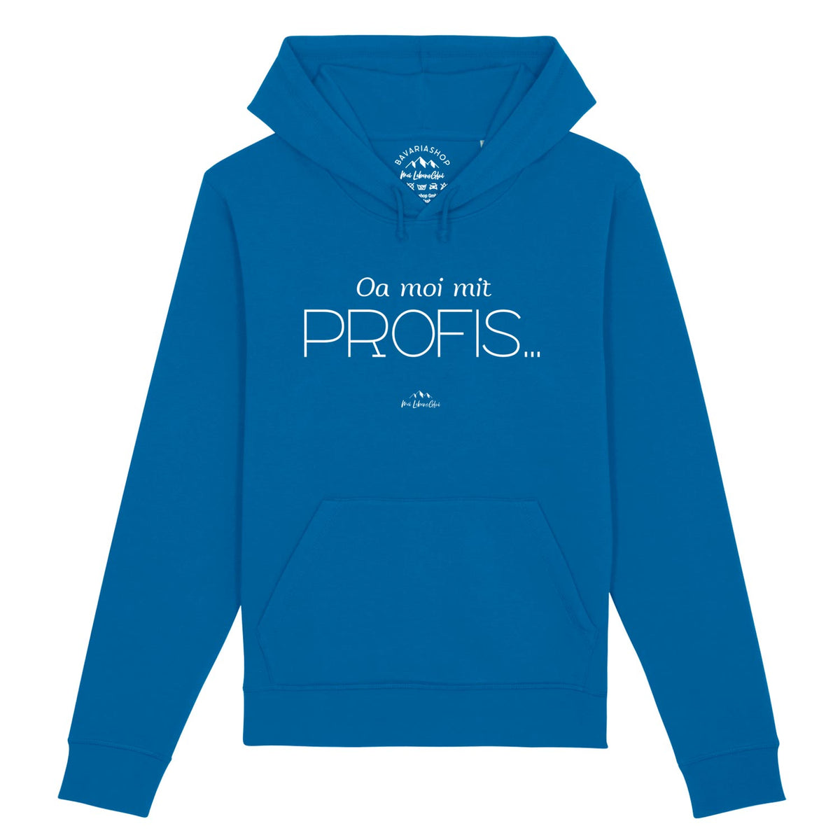 Damen Hoodie Oa moi mit Profis! in leuchtendem Blau mit weißem Schriftzug und Kängurutasche, lässige Kapuzenjacke.