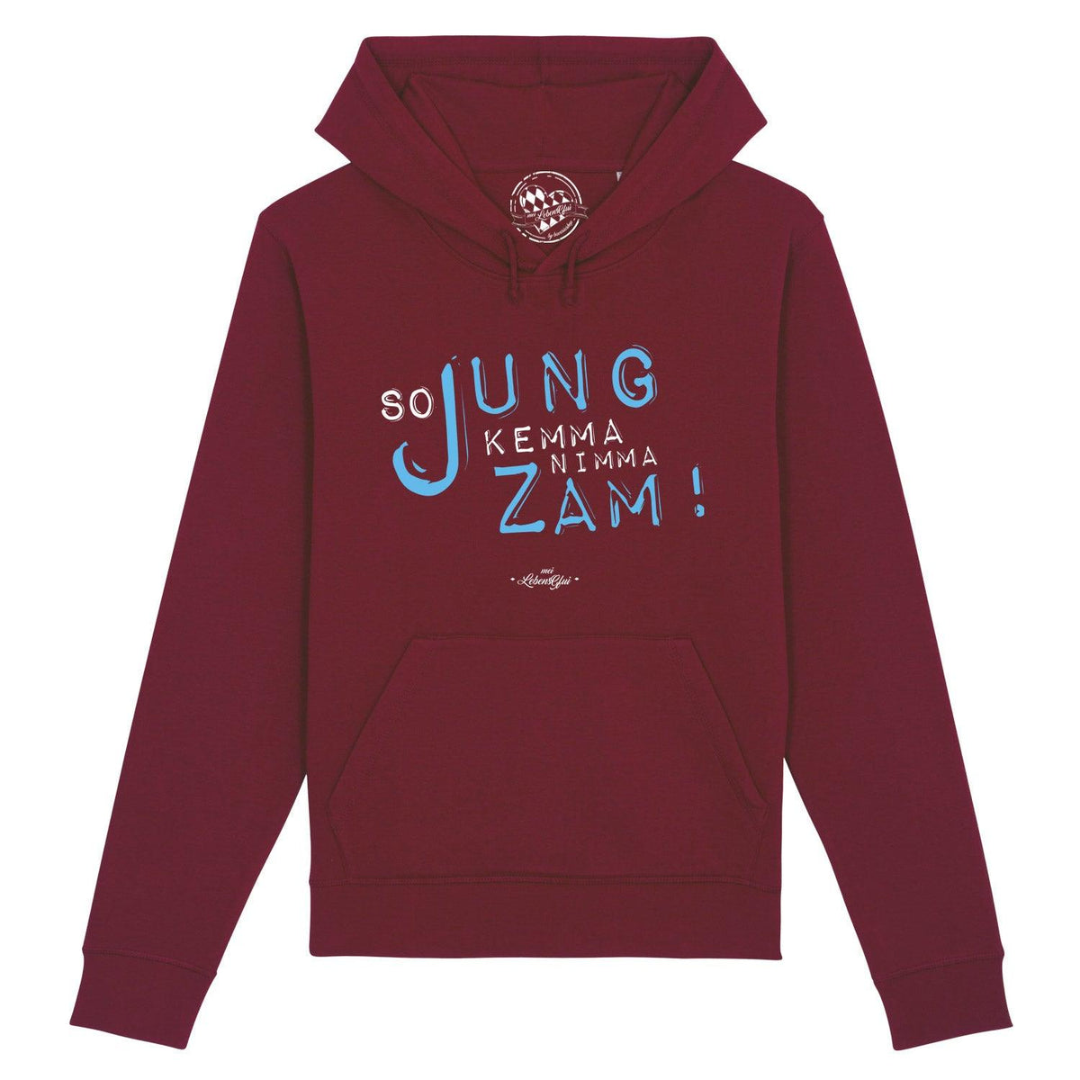 Damen Hoodie So jung in Bordeauxrot mit hellblauem Schriftzug vorne, Kapuze und Kängurutasche.