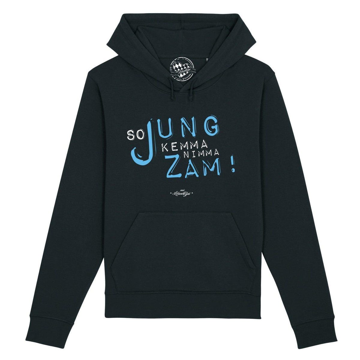 Dunkelblauer Damen Hoodie "So jung" mit weißem und hellblauem Schriftzug "So Jung Kemma Nimma Zam!" und Bauchtasche.