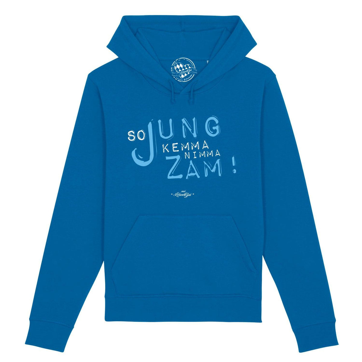 Blauer Damen Hoodie So jung mit Aufdruck "so jung kemma nimma zam!" und Kängurutasche.