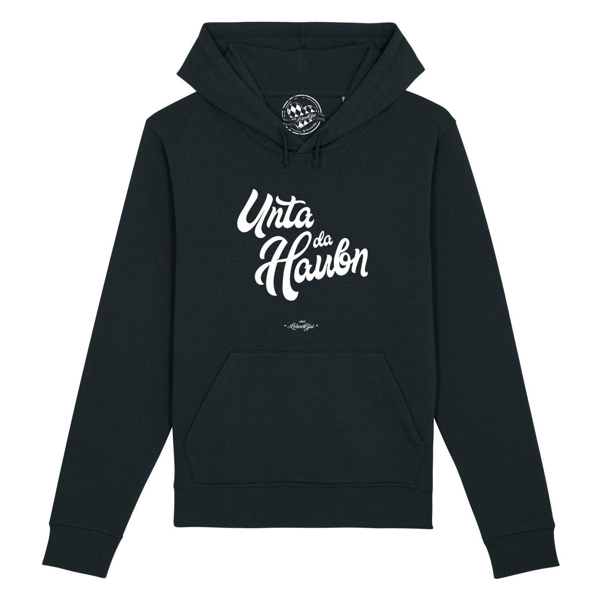 Schwarzer Damen Hoodie "Unta da Haubn" aus Bio-Baumwolle mit weißem Schriftzug und Kapuze im Detail.